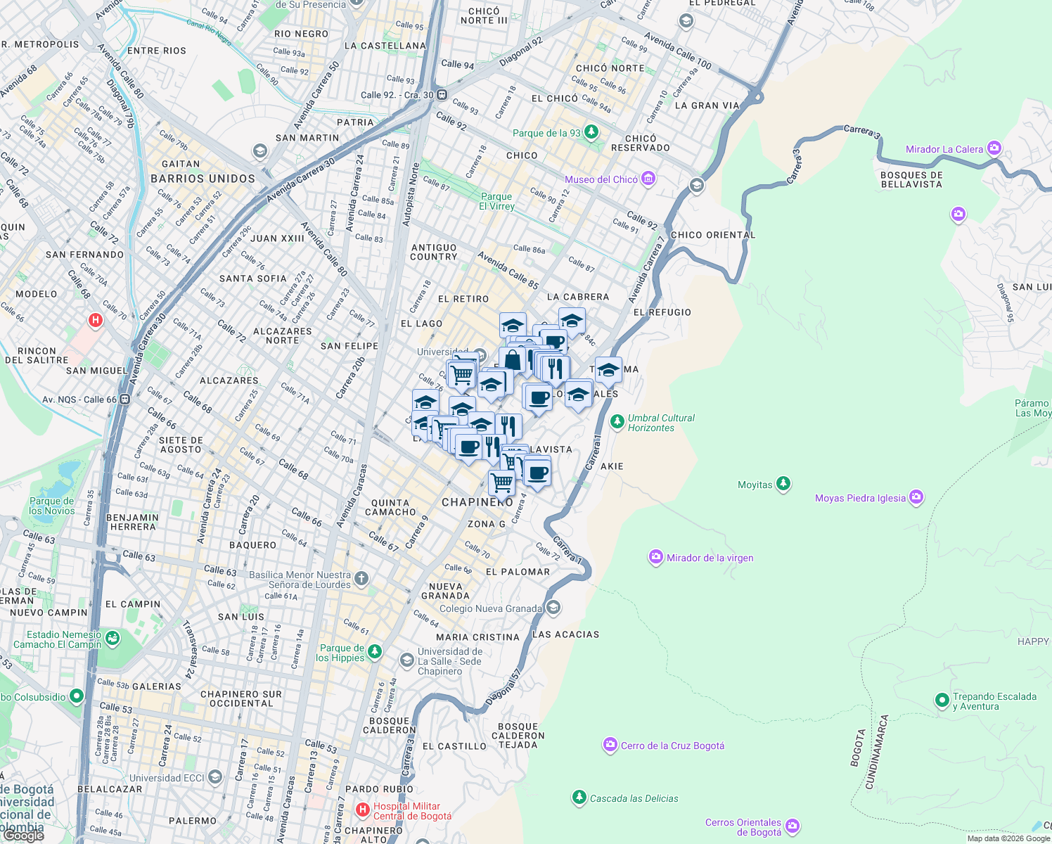 map of restaurants, bars, coffee shops, grocery stores, and more near # 77 - 07 Avenida Carrera 7 in Bogotá