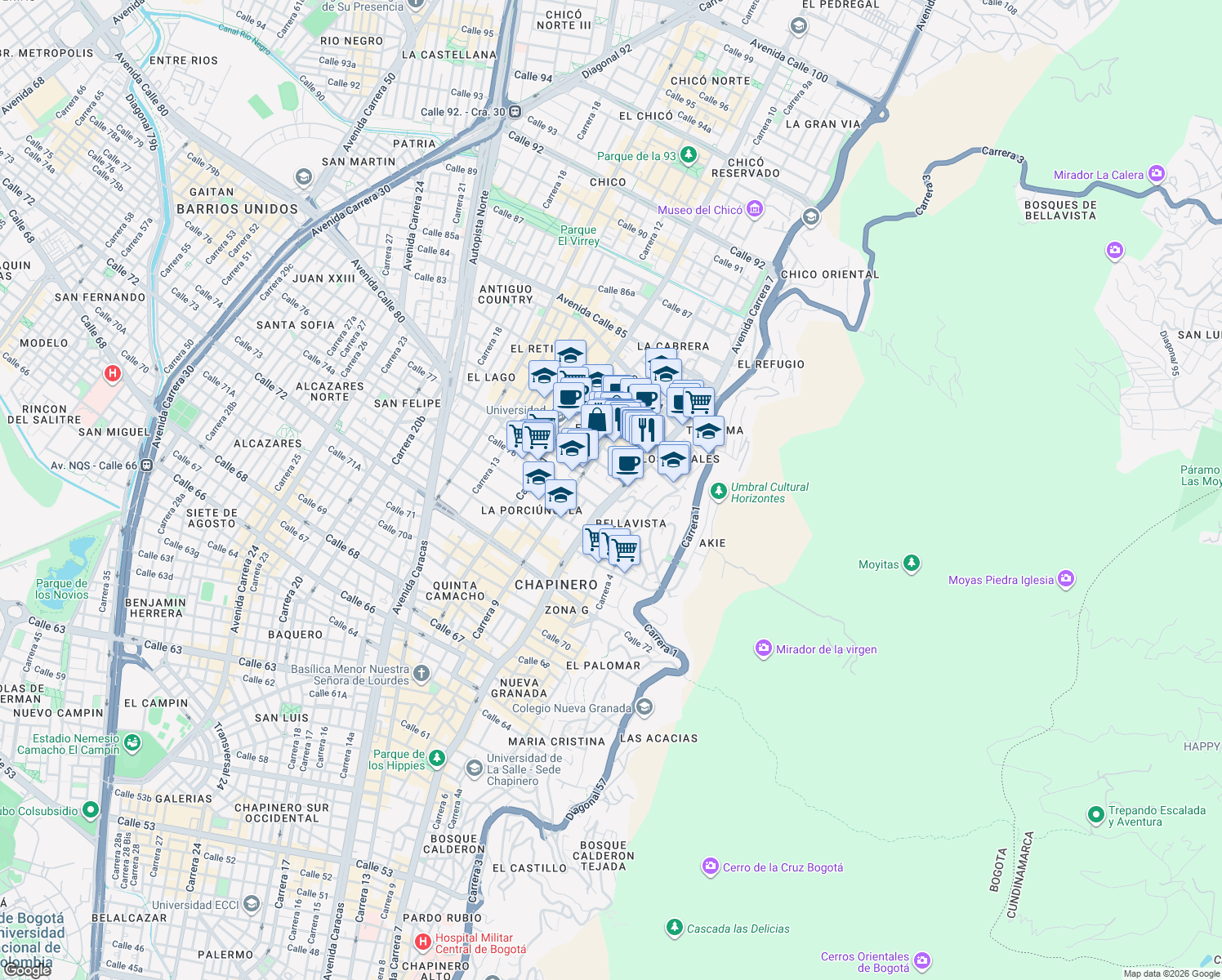 map of restaurants, bars, coffee shops, grocery stores, and more near # 77 - 07 Avenida Carrera 7 in Bogotá