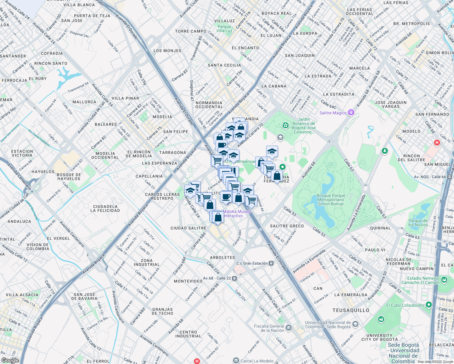 map of restaurants, bars, coffee shops, grocery stores, and more near 57-83 Avenida Calle 26 in Bogotá