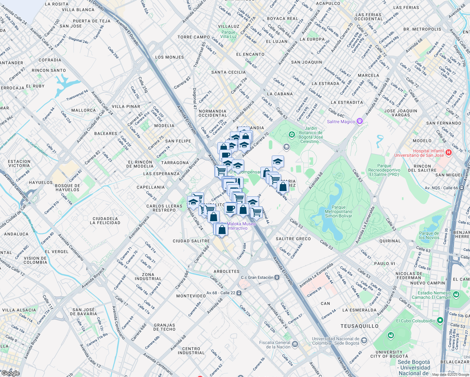 map of restaurants, bars, coffee shops, grocery stores, and more near 69-76 Avenida Calle 26 in Bogotá