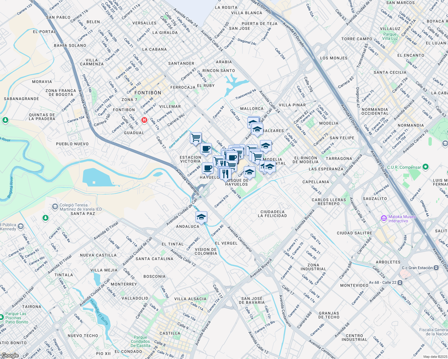 map of restaurants, bars, coffee shops, grocery stores, and more near 72-57 Calle 19A in Bogotá