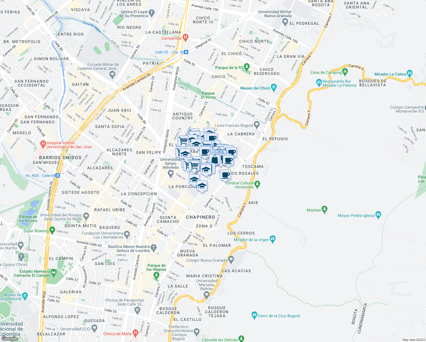 map of restaurants, bars, coffee shops, grocery stores, and more near 78-31 Carrera 9 in Bogotá