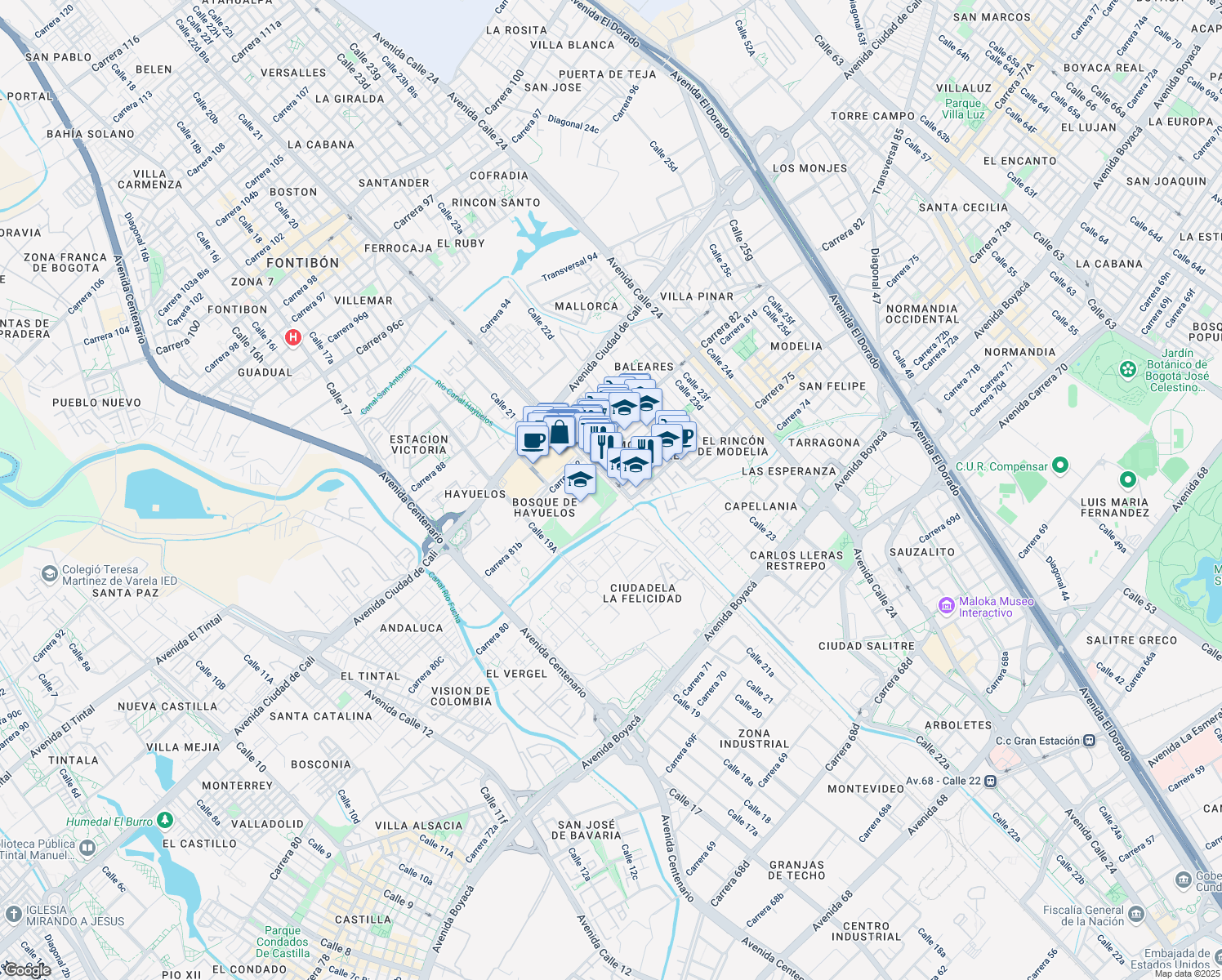 map of restaurants, bars, coffee shops, grocery stores, and more near Calle 22 in Bogota