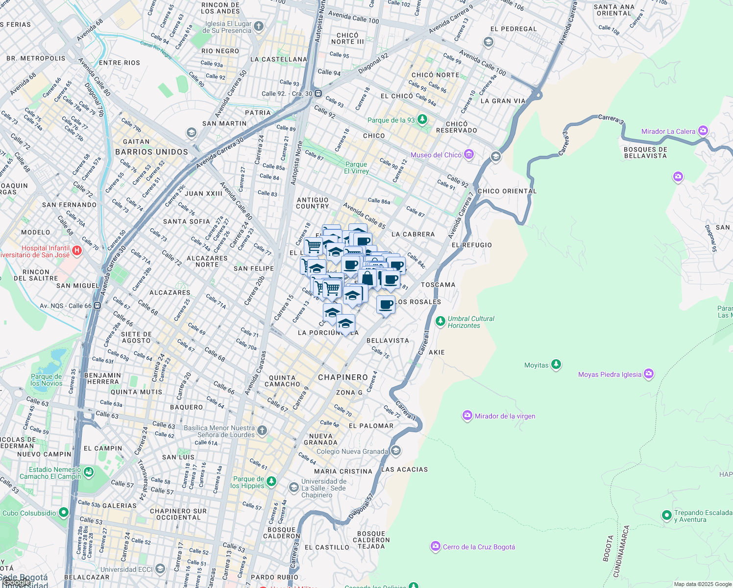 map of restaurants, bars, coffee shops, grocery stores, and more near 78-31 Carrera 9 in Bogotá