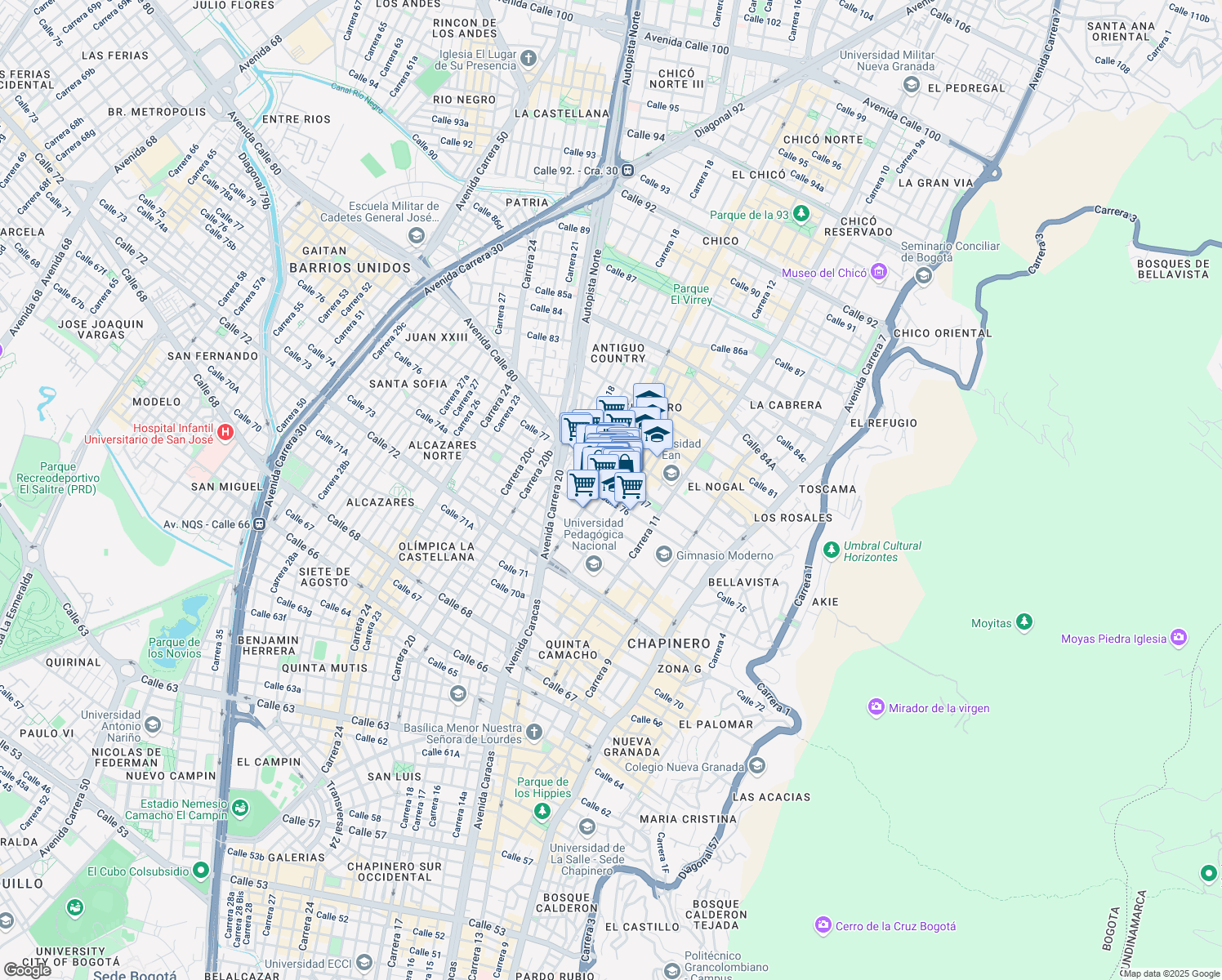 map of restaurants, bars, coffee shops, grocery stores, and more near 7668 Carrera 14 in Bogotá