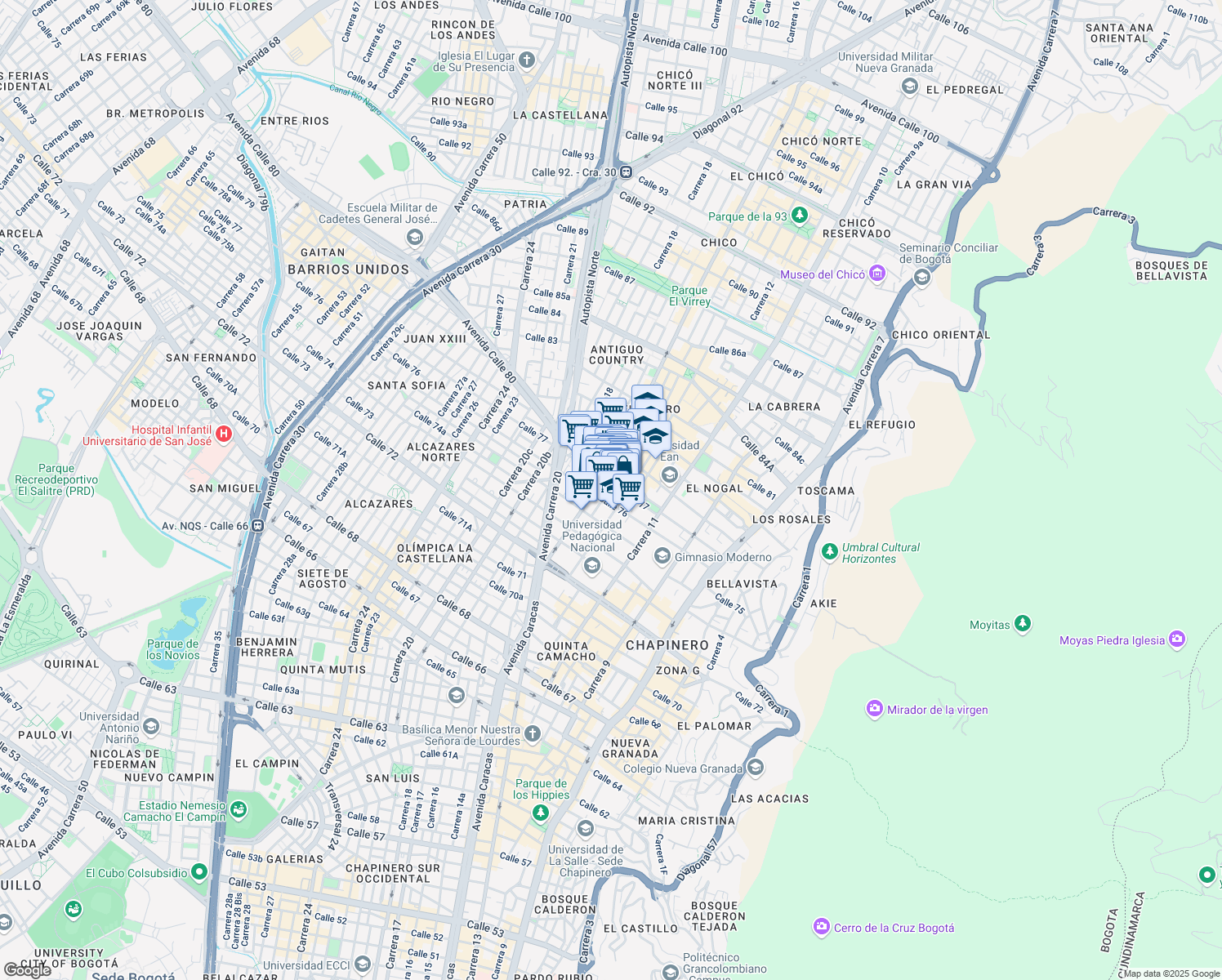 map of restaurants, bars, coffee shops, grocery stores, and more near 7668 Carrera 14 in Bogotá