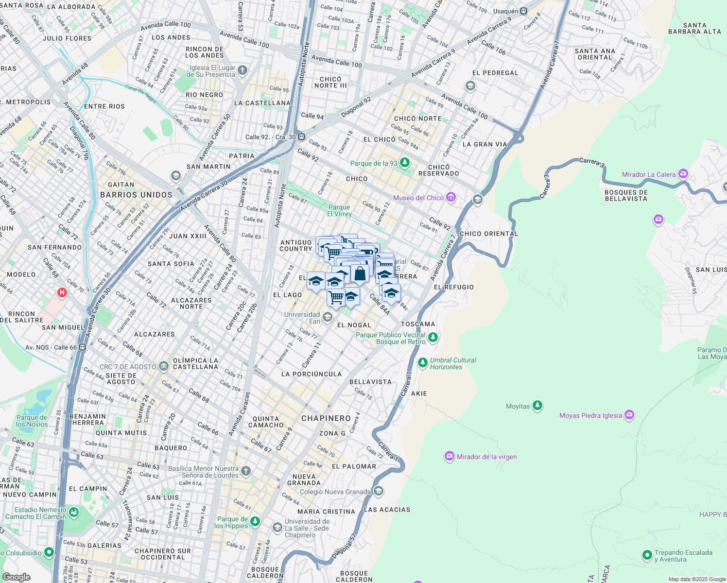 map of restaurants, bars, coffee shops, grocery stores, and more near 10-33 Calle 84A in Bogotá