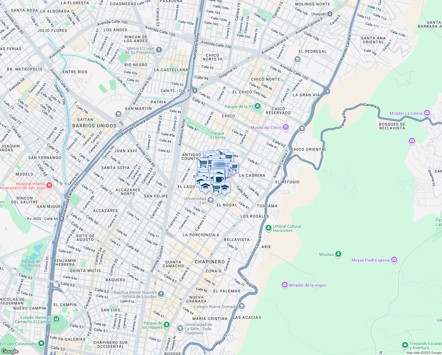 map of restaurants, bars, coffee shops, grocery stores, and more near #82-71 Carrera 11 in Bogotá