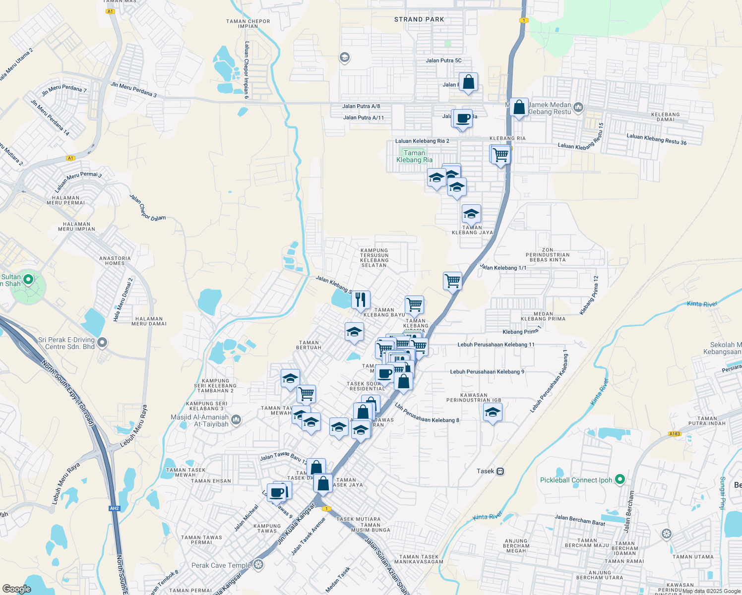 map of restaurants, bars, coffee shops, grocery stores, and more near 105 Taman Klebang Bayu in Ipoh