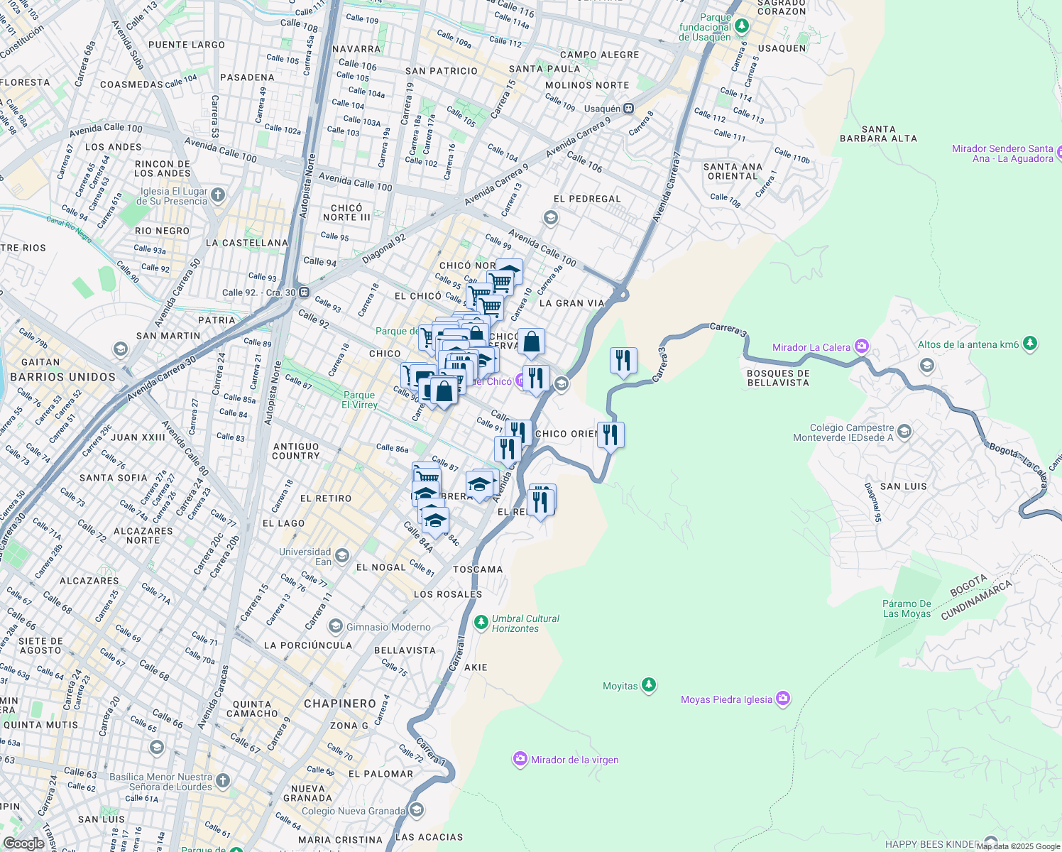 map of restaurants, bars, coffee shops, grocery stores, and more near 250127 Carrera 7 in Chía