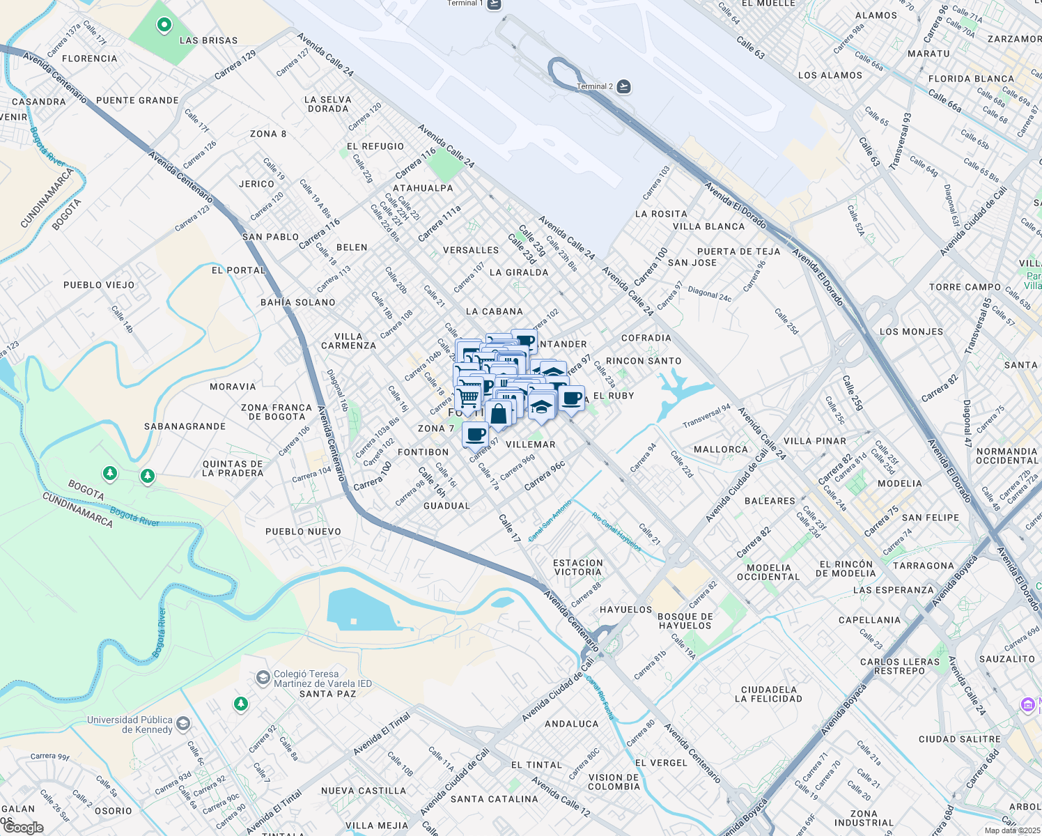map of restaurants, bars, coffee shops, grocery stores, and more near 20B-11 Carrera 97 in Bogotá