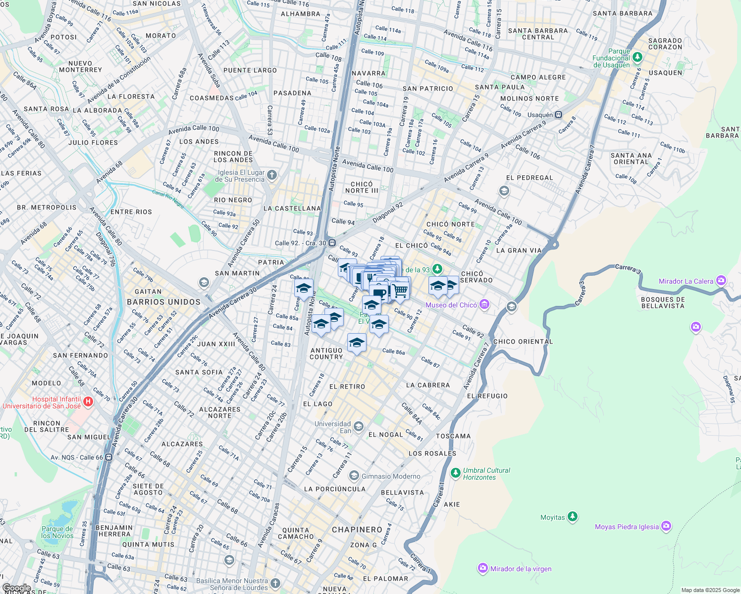 map of restaurants, bars, coffee shops, grocery stores, and more near #16-30 Calle 90 in Bogotá