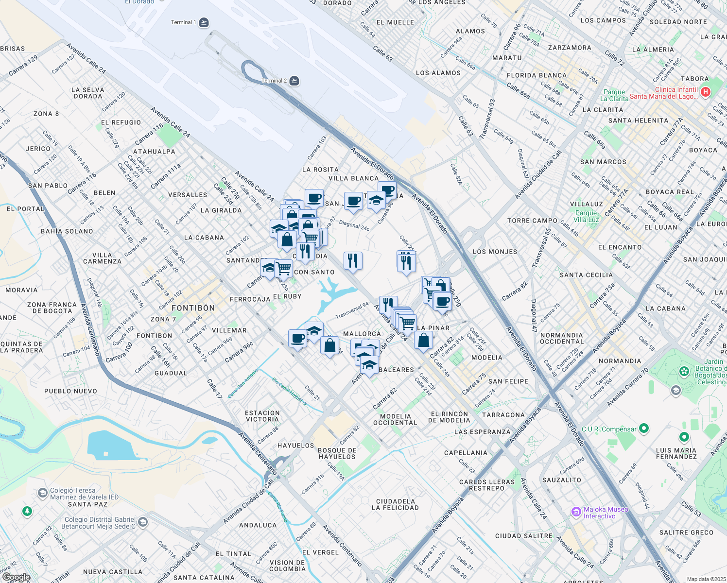 map of restaurants, bars, coffee shops, grocery stores, and more near Avenida Calle 24 in Bogotá