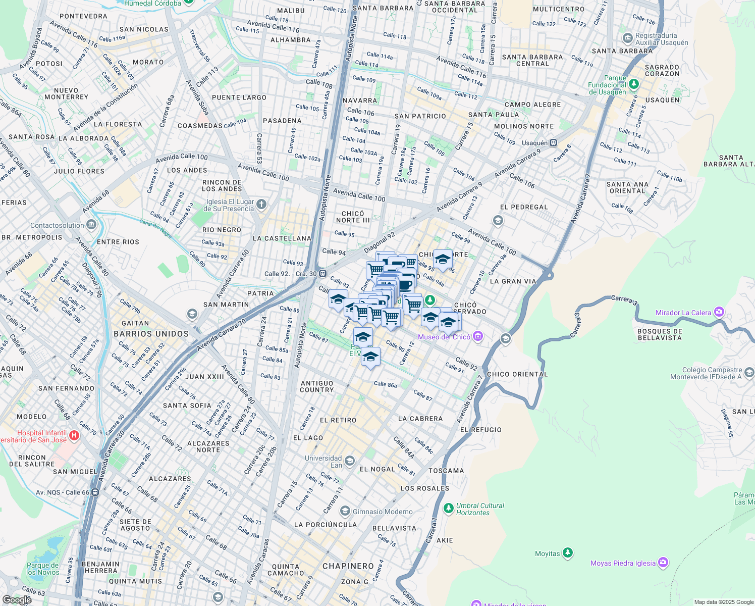 map of restaurants, bars, coffee shops, grocery stores, and more near 15-73 Calle 93 in Bogotá