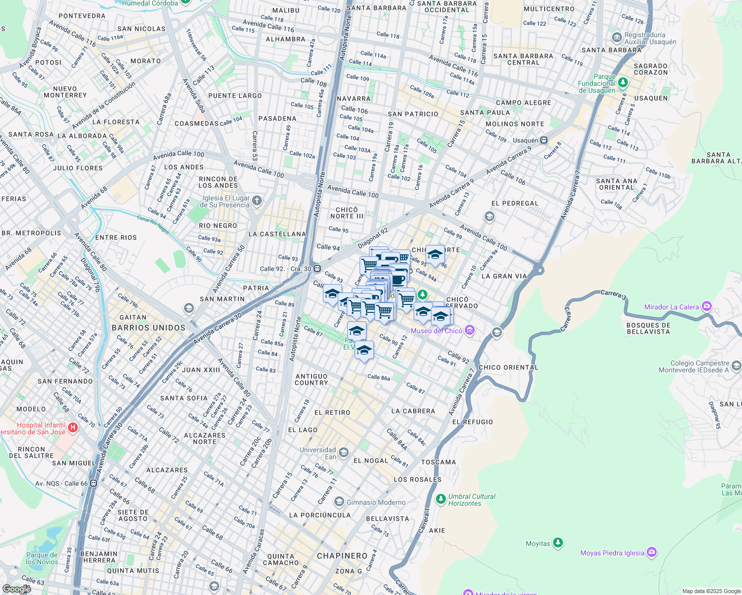 map of restaurants, bars, coffee shops, grocery stores, and more near 15-73 Calle 93 in Bogotá