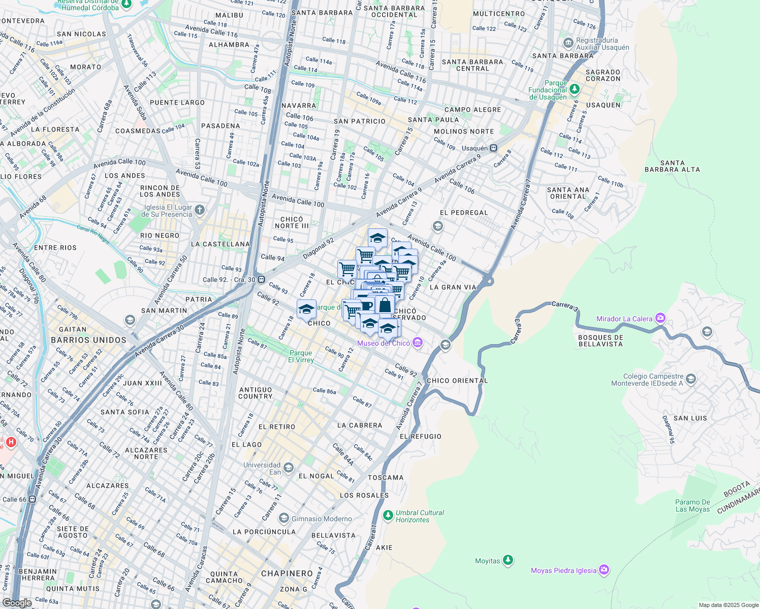 map of restaurants, bars, coffee shops, grocery stores, and more near 94-31 Carrera 11a in Bogotá