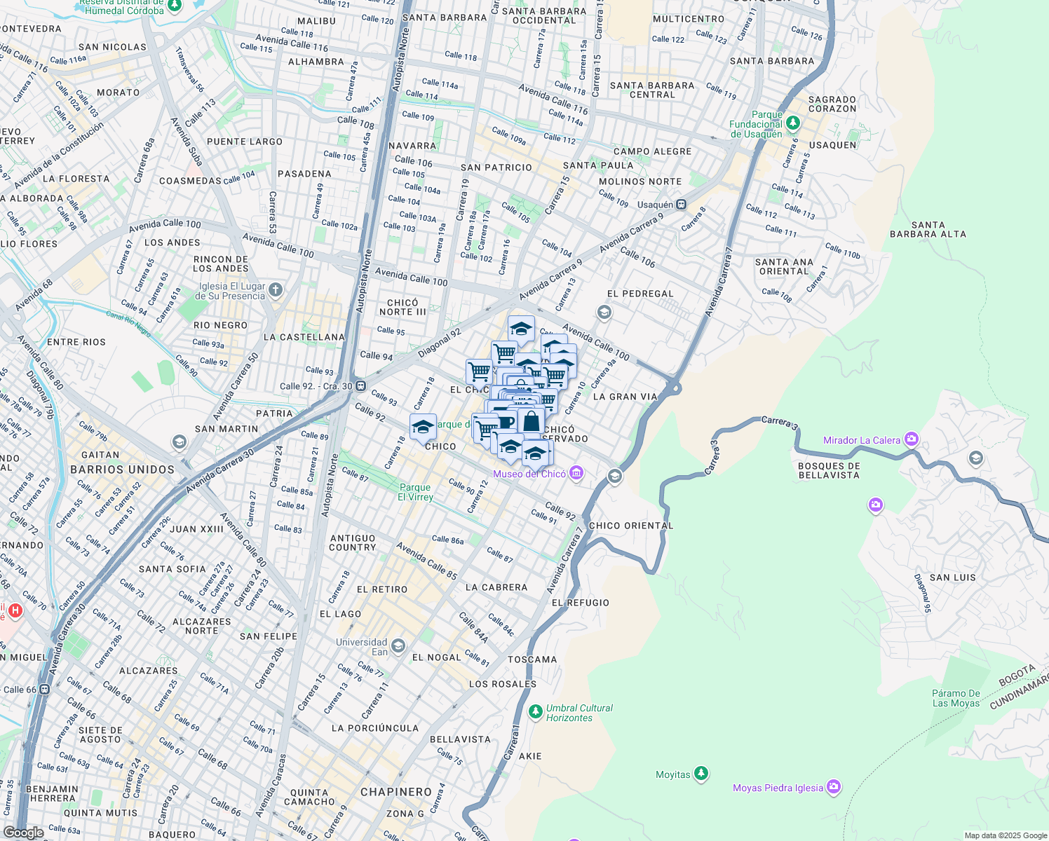 map of restaurants, bars, coffee shops, grocery stores, and more near 94-31 Carrera 11a in Bogotá