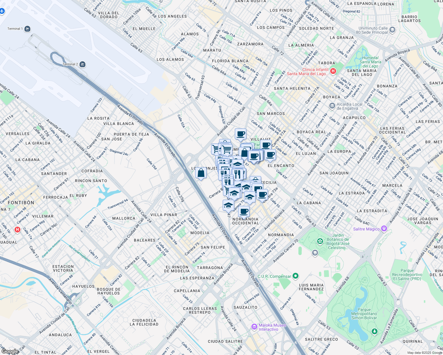 map of restaurants, bars, coffee shops, grocery stores, and more near 46a96 Carrera 85a in Bogotá