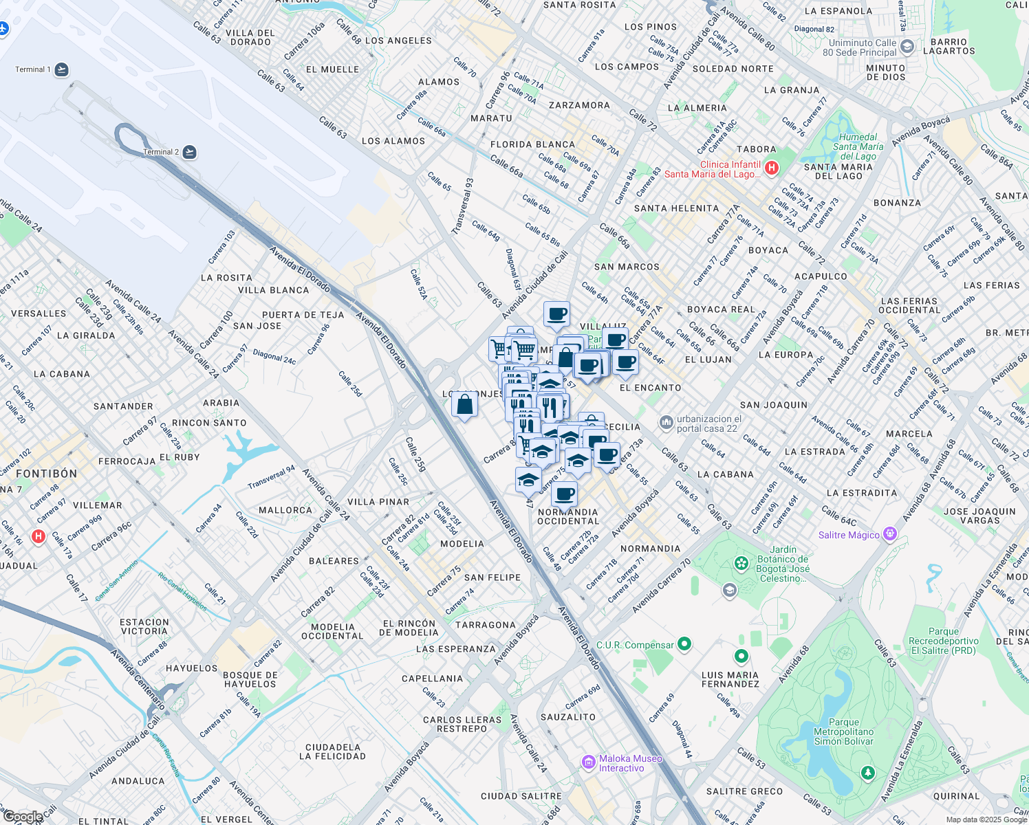 map of restaurants, bars, coffee shops, grocery stores, and more near 46a96 Carrera 85a in Bogotá