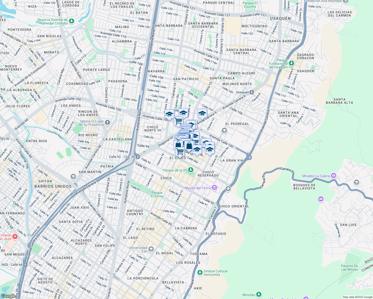map of restaurants, bars, coffee shops, grocery stores, and more near 95-21 Carrera 14 in Bogotá