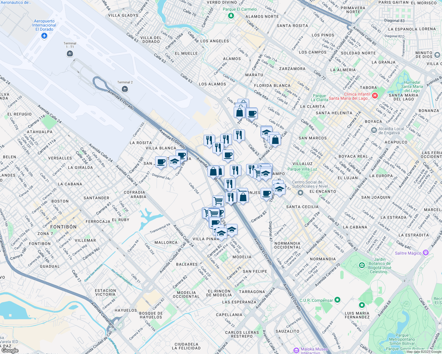 map of restaurants, bars, coffee shops, grocery stores, and more near 9132 Calle 26 in Bogotá