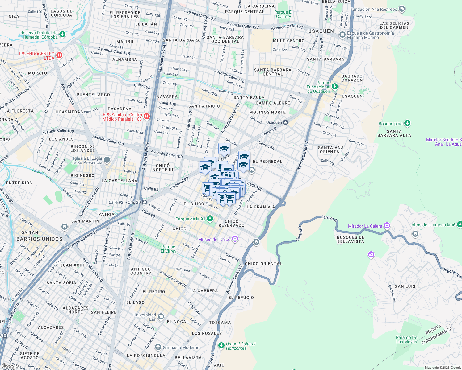 map of restaurants, bars, coffee shops, grocery stores, and more near 98-48 Carrera 11B in Bogotá