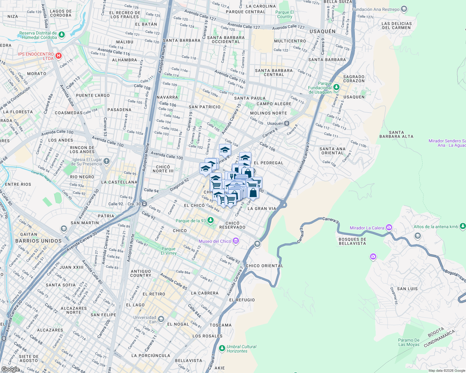 map of restaurants, bars, coffee shops, grocery stores, and more near 98-48 Carrera 11B in Bogotá