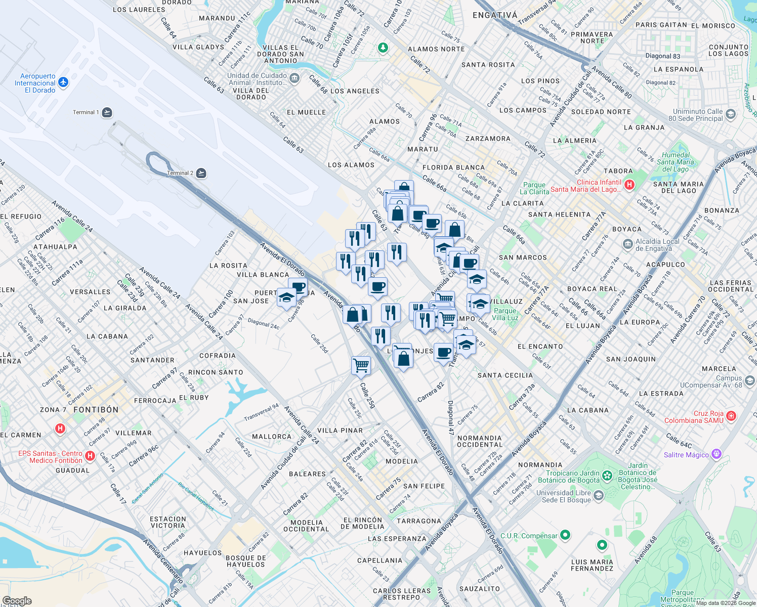 map of restaurants, bars, coffee shops, grocery stores, and more near 32 Avenida Calle 26 in Bogotá