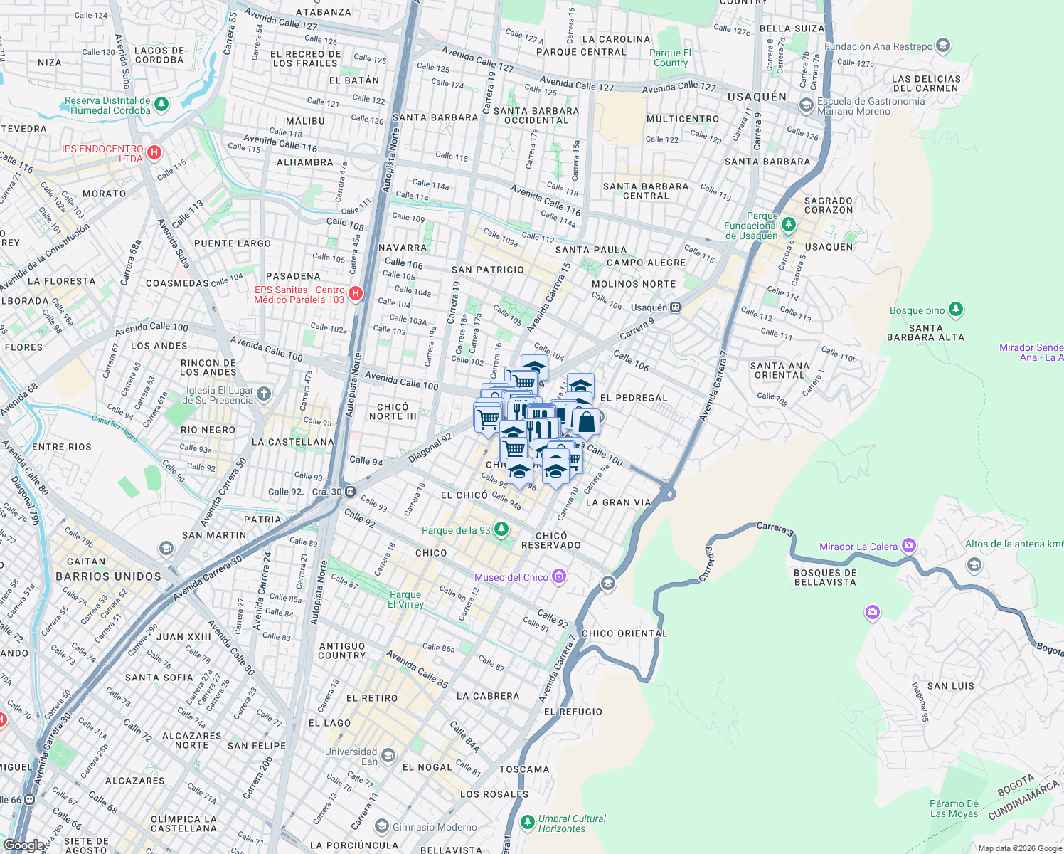 map of restaurants, bars, coffee shops, grocery stores, and more near 13 21 Avenida Calle 100 in Bogotá