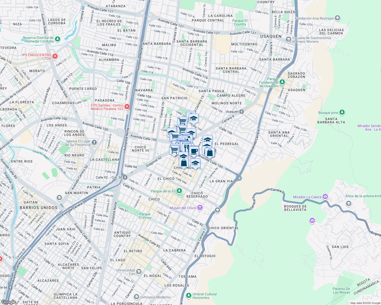 map of restaurants, bars, coffee shops, grocery stores, and more near 13 21 Avenida Calle 100 in Bogotá