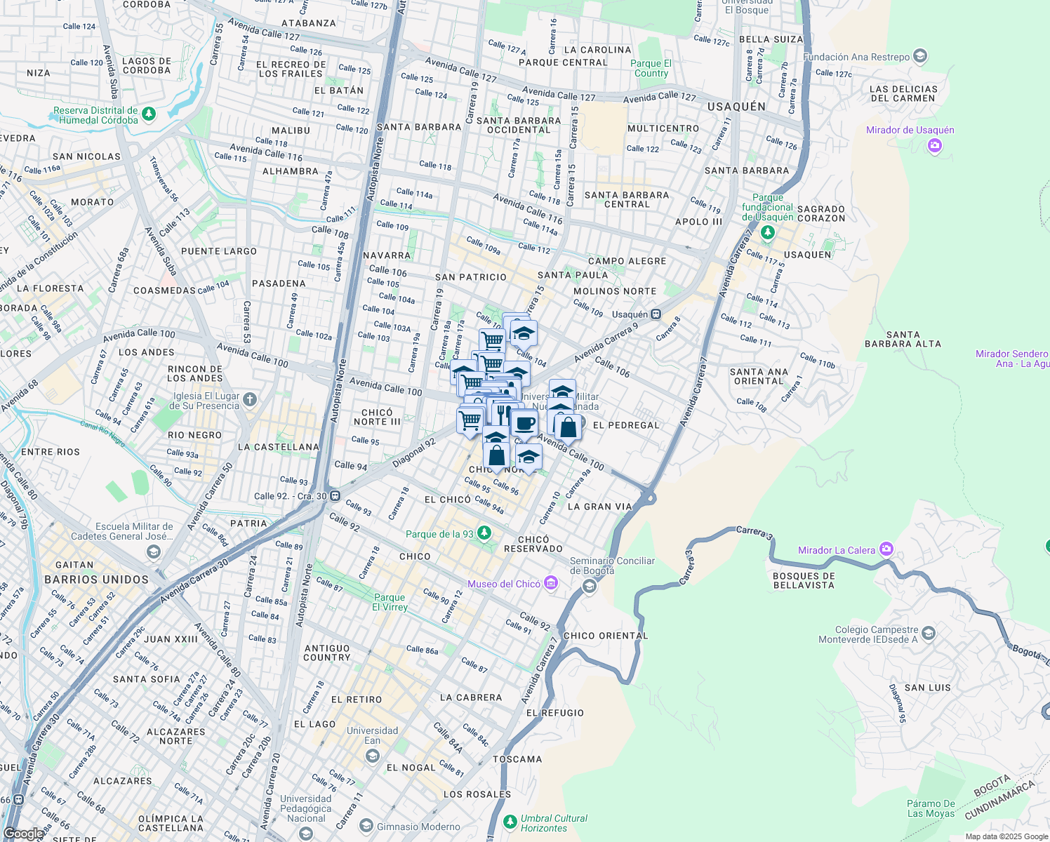 map of restaurants, bars, coffee shops, grocery stores, and more near #13-20 Avenida Calle 100 in Bogotá