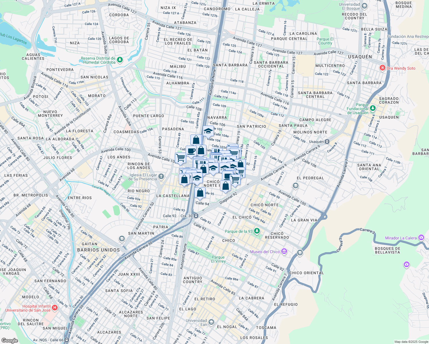 map of restaurants, bars, coffee shops, grocery stores, and more near Avenida Calle 100 in Bogotá