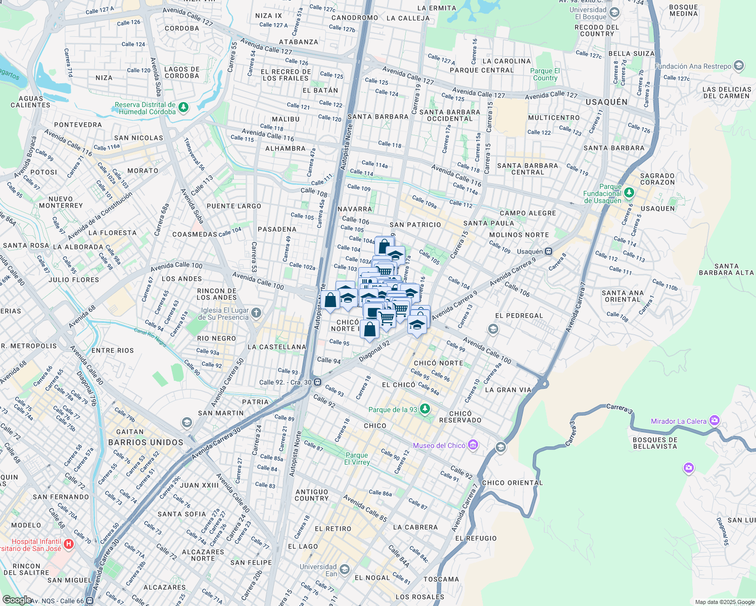 map of restaurants, bars, coffee shops, grocery stores, and more near 1930 Avenida Calle 100 in Bogotá