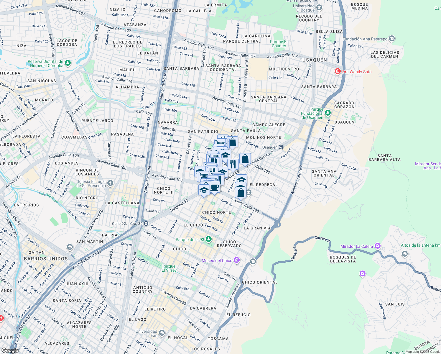 map of restaurants, bars, coffee shops, grocery stores, and more near 101-67 Avenida Carrera 9 in Bogotá