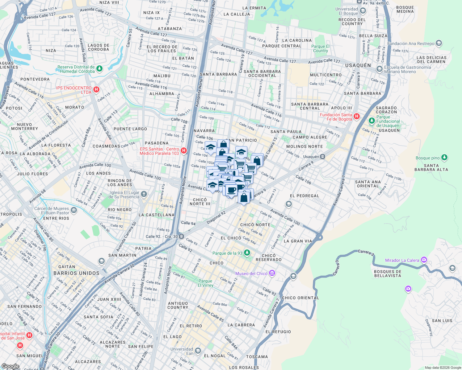 map of restaurants, bars, coffee shops, grocery stores, and more near 17A-18 Calle 101 in Bogotá