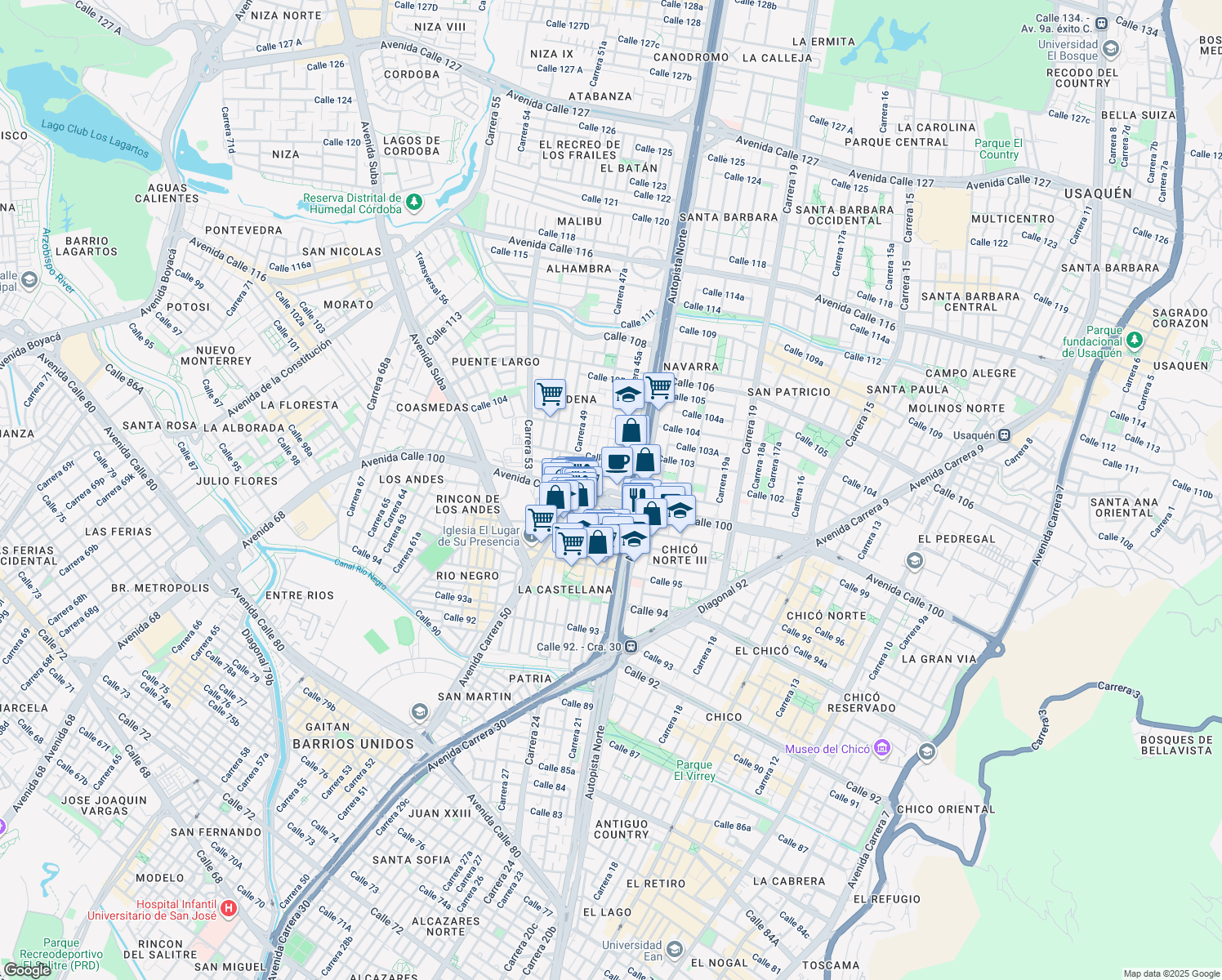 map of restaurants, bars, coffee shops, grocery stores, and more near Avenida Calle 100 in Bogotá