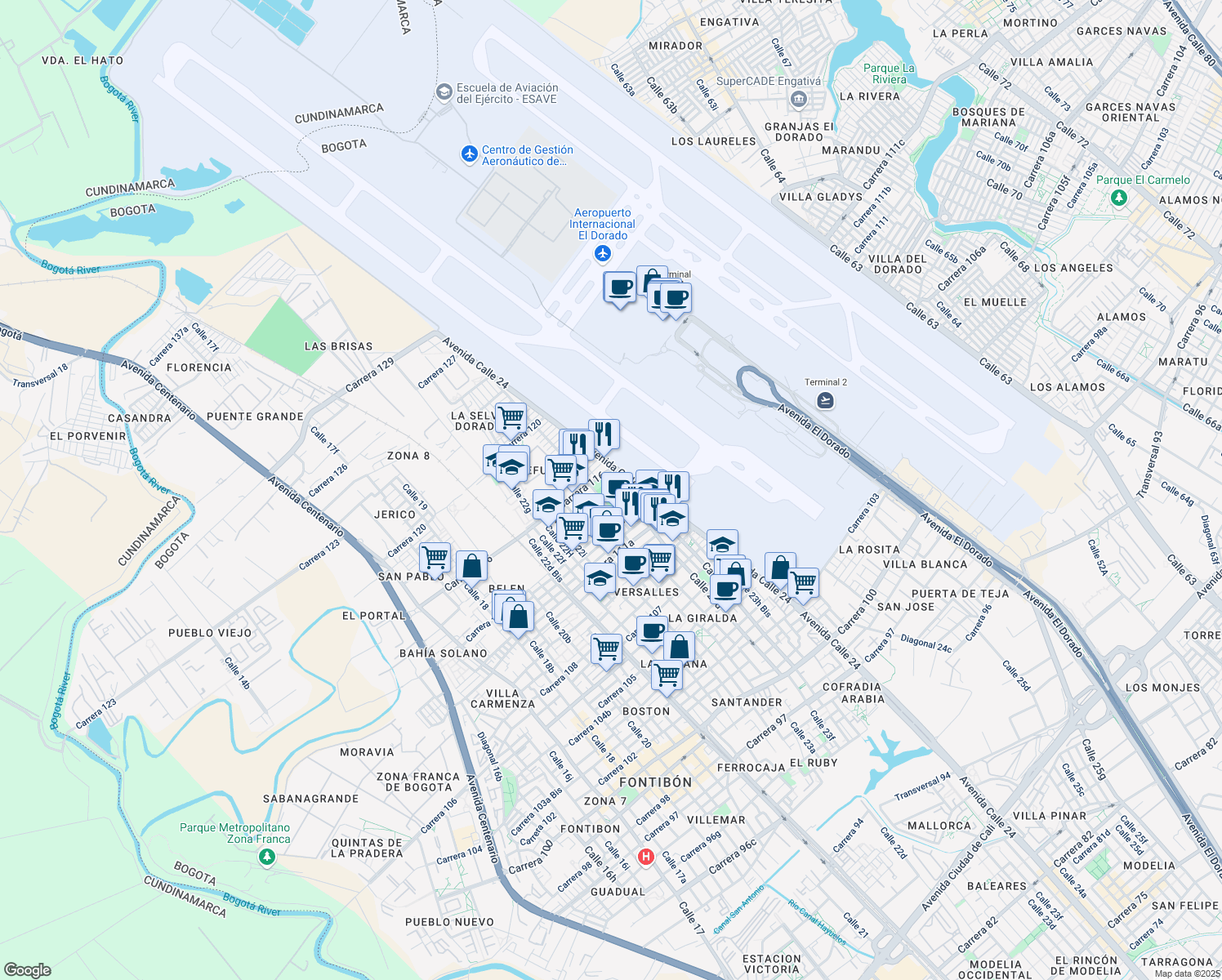 map of restaurants, bars, coffee shops, grocery stores, and more near 23b35 Carrera 113 in Bogotá