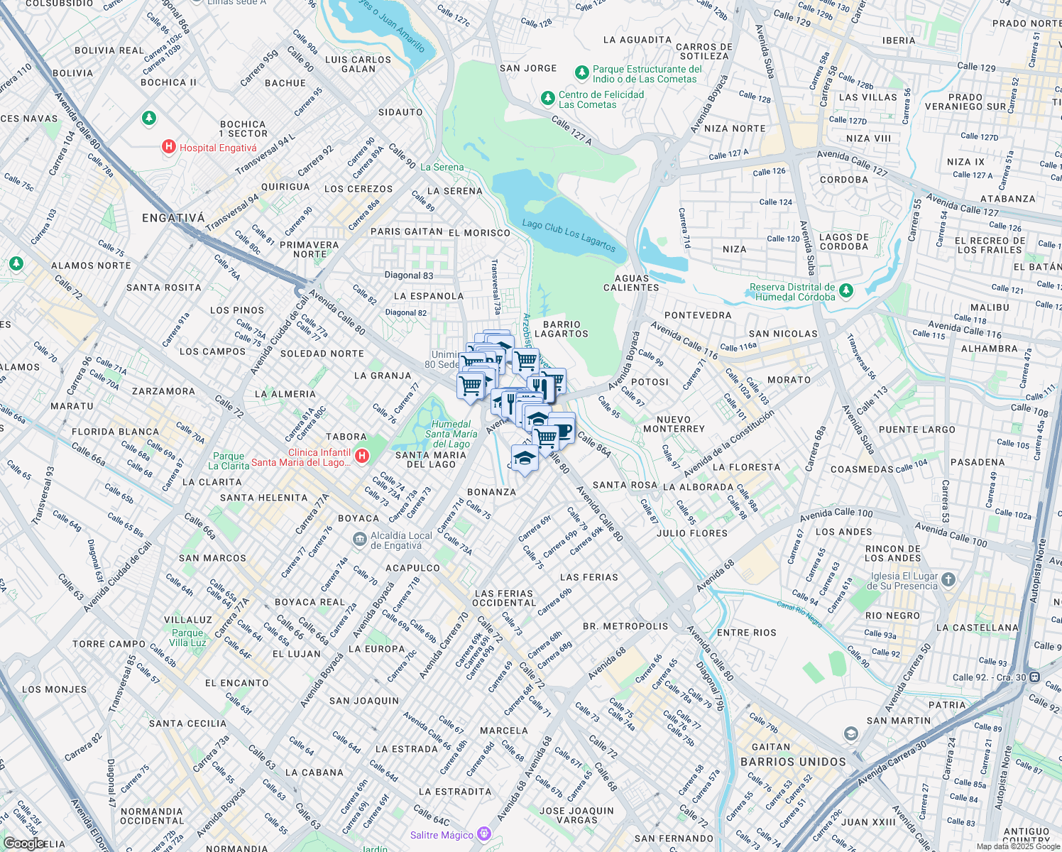 map of restaurants, bars, coffee shops, grocery stores, and more near Calle 80 in Bogotá