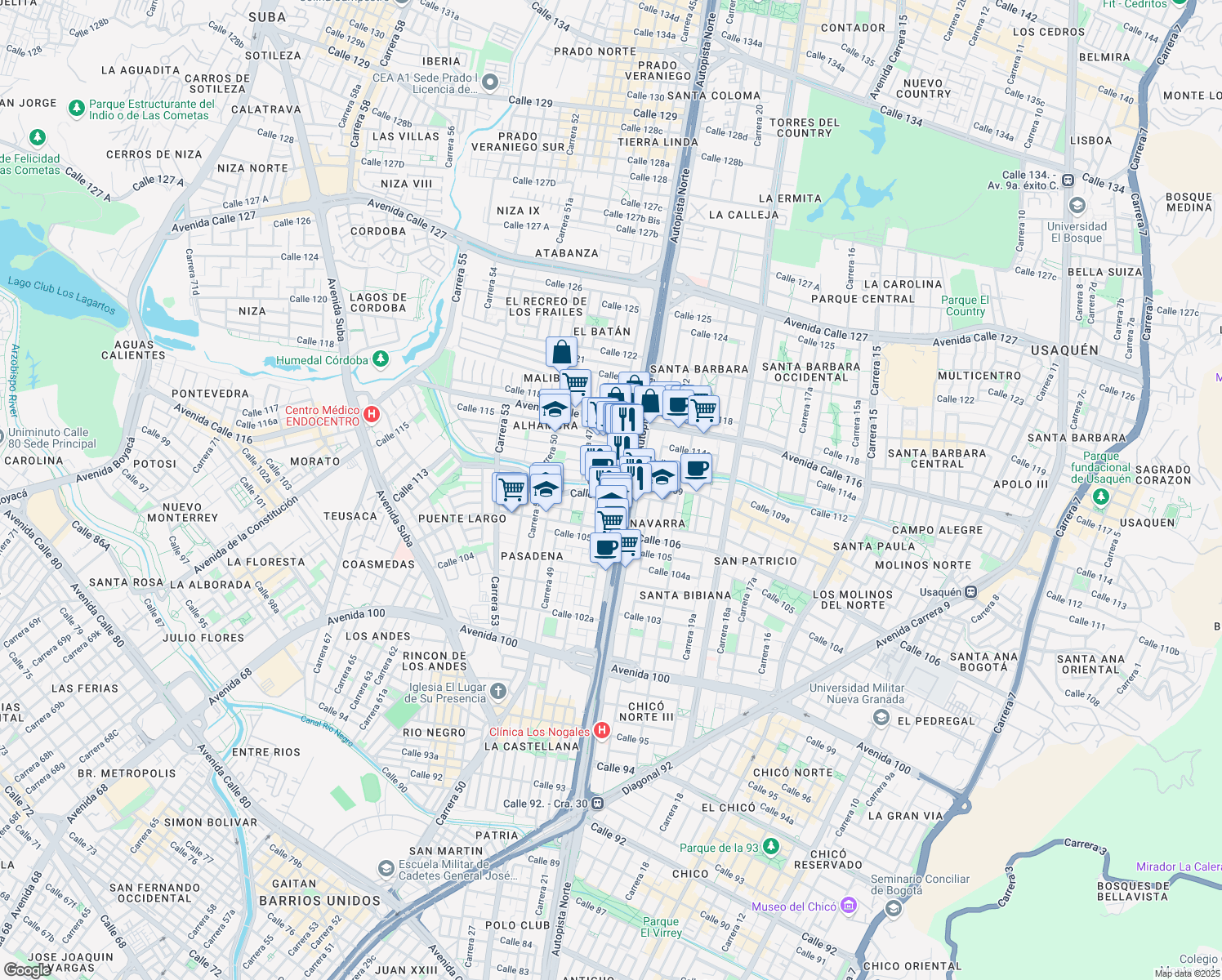 map of restaurants, bars, coffee shops, grocery stores, and more near 108-27 Autopista Norte in Bogotá