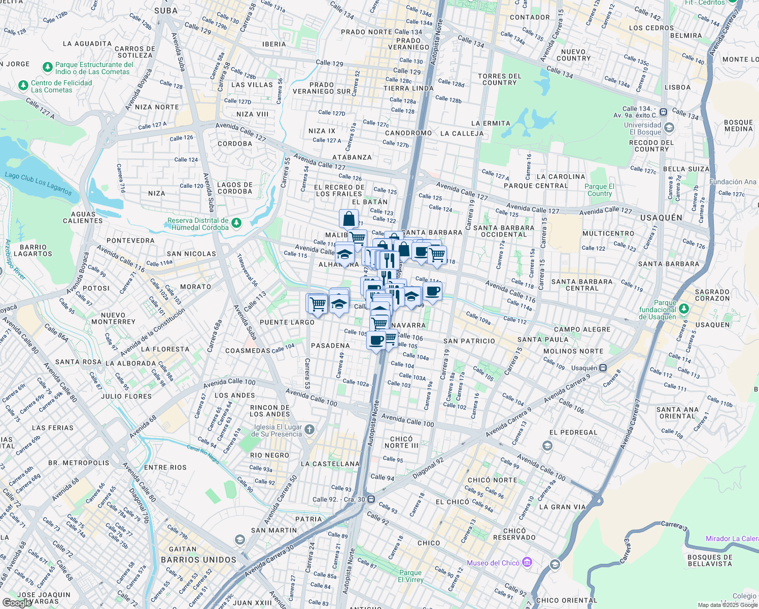 map of restaurants, bars, coffee shops, grocery stores, and more near 108-27 Autopista Norte in Bogotá
