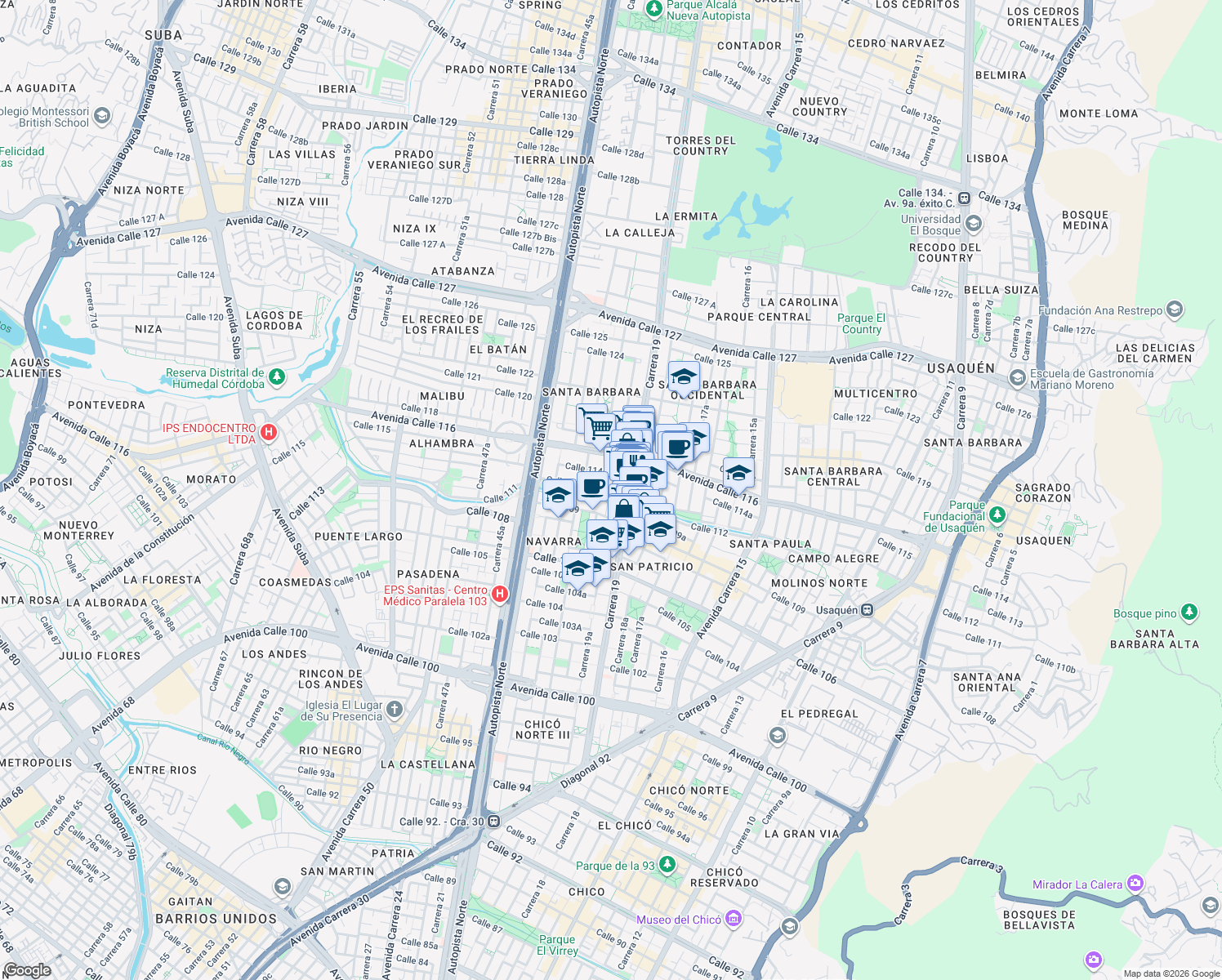 map of restaurants, bars, coffee shops, grocery stores, and more near 19a1 Calle 114 in Bogotá