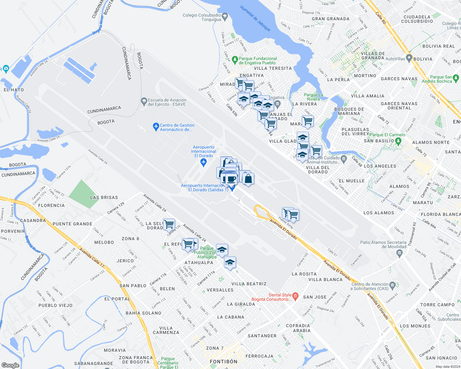 map of restaurants, bars, coffee shops, grocery stores, and more near 103-9 Avenida Calle 26 in Bogotá
