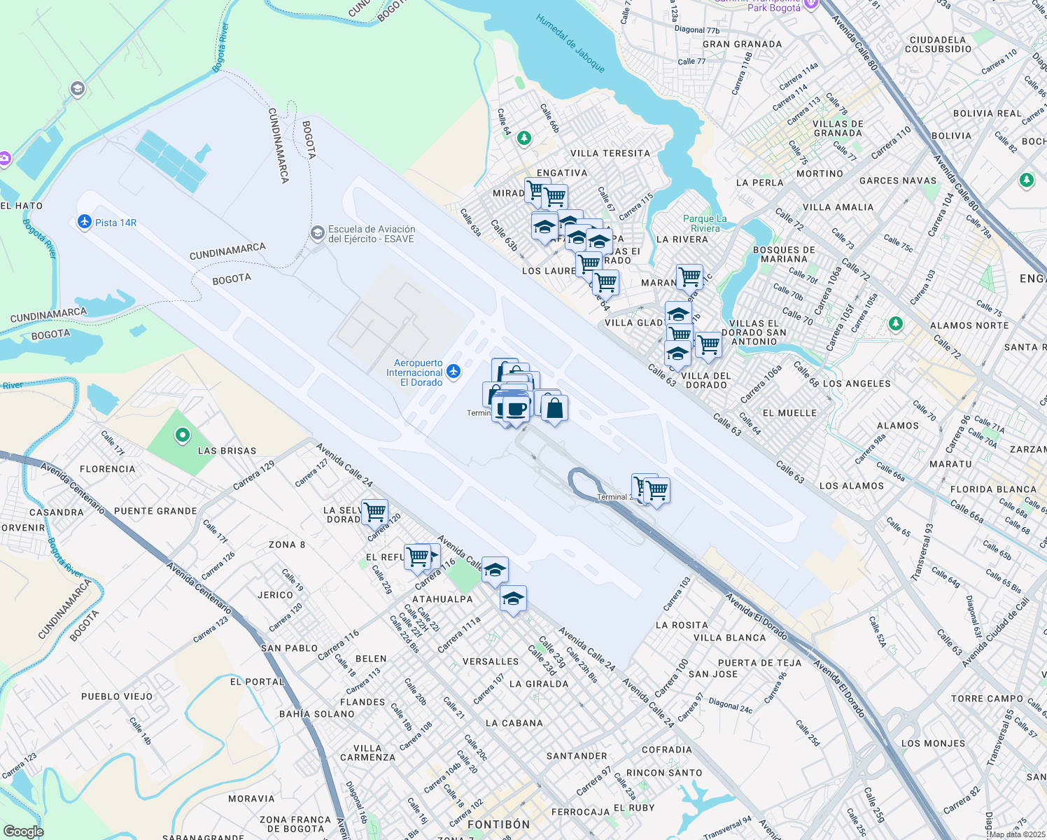 map of restaurants, bars, coffee shops, grocery stores, and more near 103-9 Avenida Calle 26 in Bogotá
