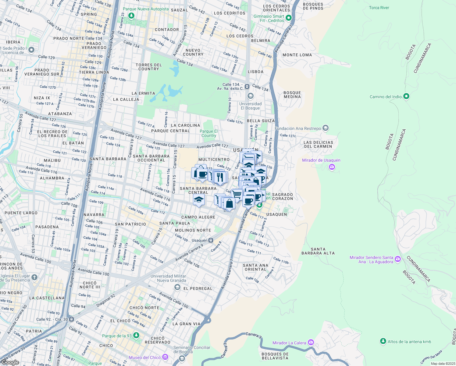 map of restaurants, bars, coffee shops, grocery stores, and more near 119-63 Carrera 11 in Bogotá