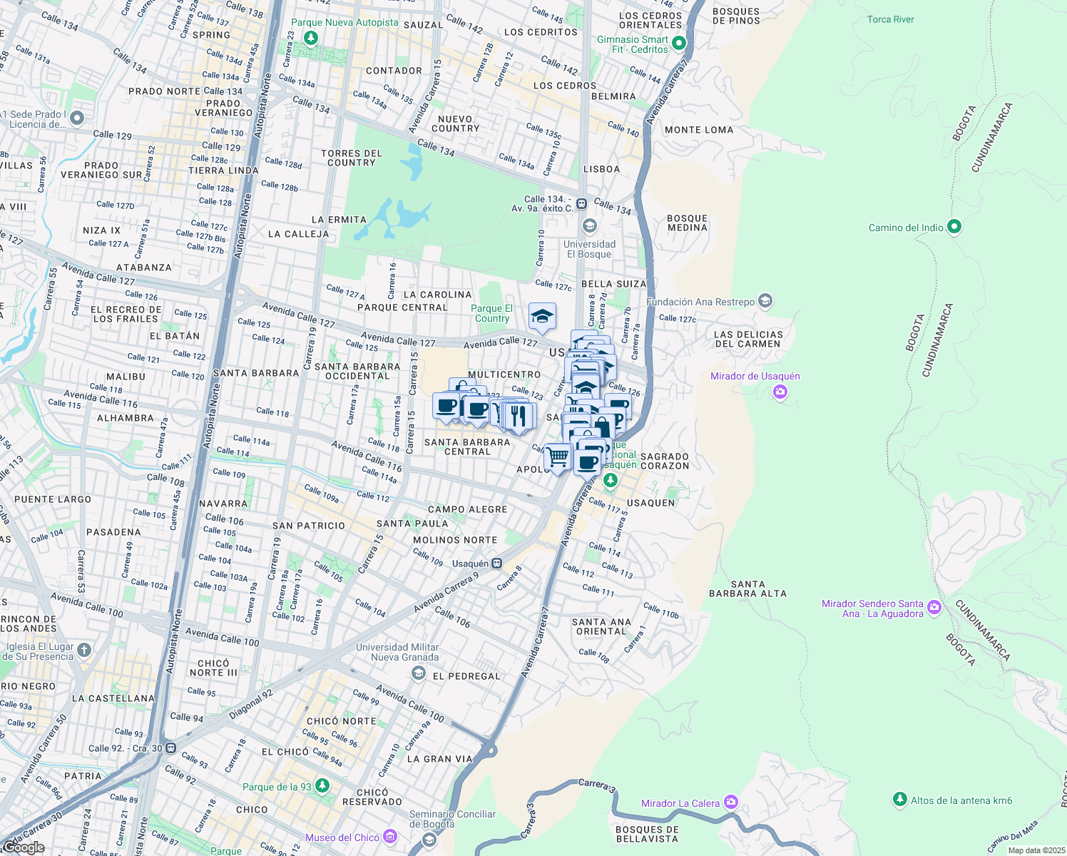 map of restaurants, bars, coffee shops, grocery stores, and more near 119-63 Carrera 11 in Bogotá