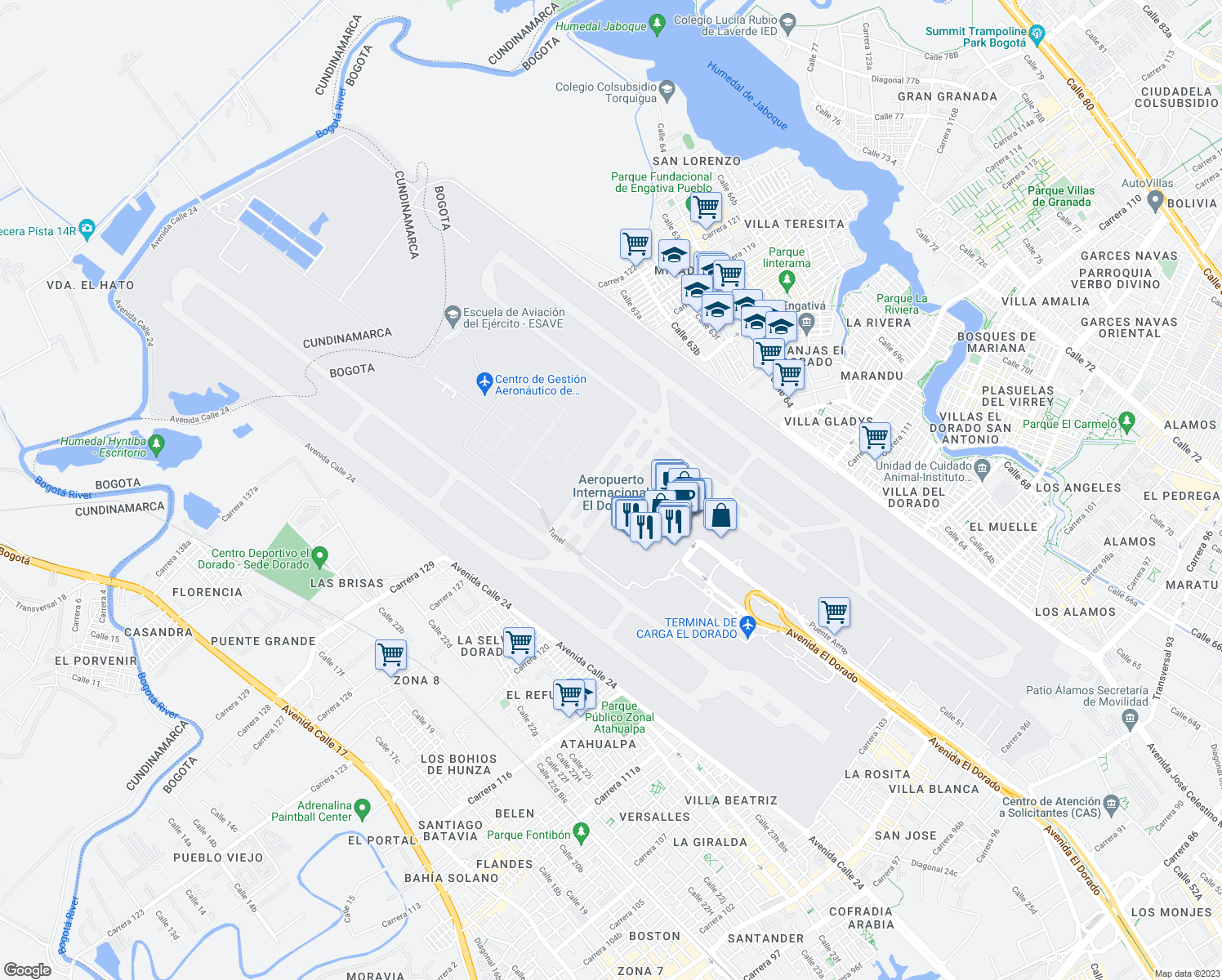 map of restaurants, bars, coffee shops, grocery stores, and more near 103-09 Avenida El Dorado in Bogotá
