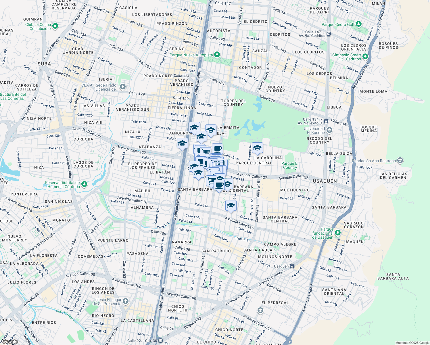 map of restaurants, bars, coffee shops, grocery stores, and more near 19-24 Calle 125 in Bogotá