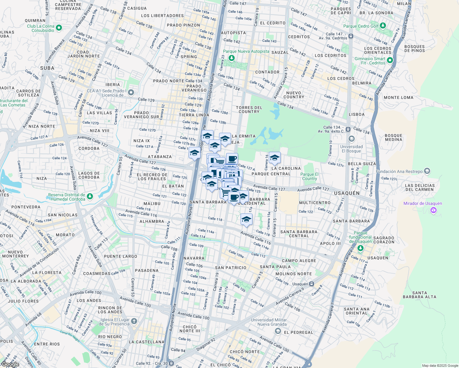 map of restaurants, bars, coffee shops, grocery stores, and more near 19-24 Calle 125 in Bogotá