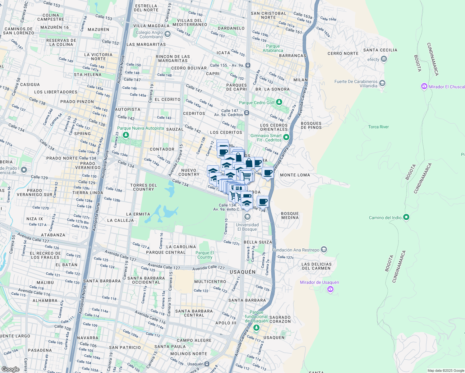 map of restaurants, bars, coffee shops, grocery stores, and more near 134b50 Carrera 10 in Bogotá