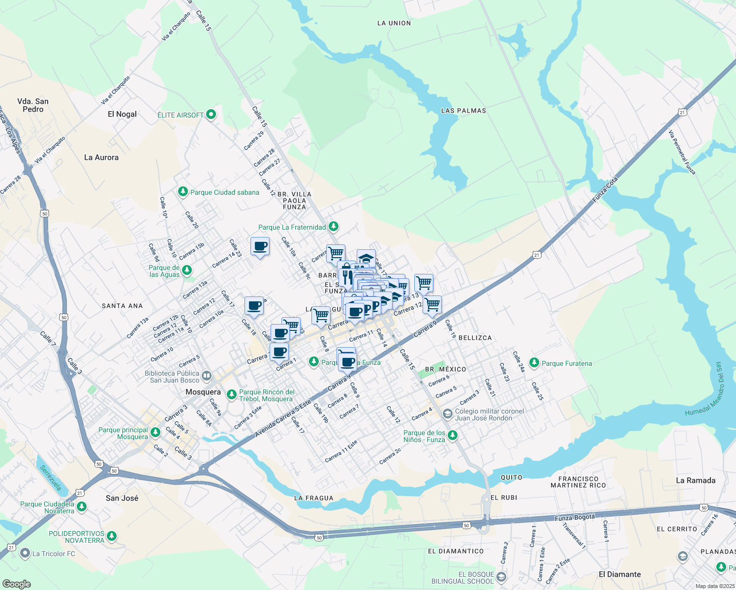 map of restaurants, bars, coffee shops, grocery stores, and more near in Funza